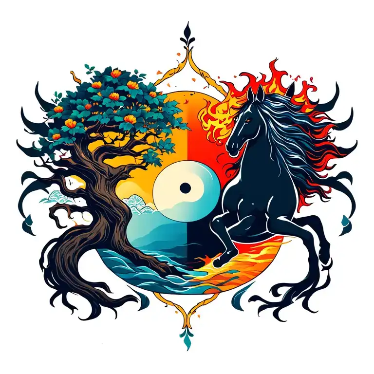 create a combination of the tree of life, a yin and yang symbol, the chinese zodiac sign fire horse and a sunrise. tattoo design idea