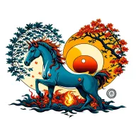 create a combination of the tree of life, a yin and yang symbol, the chinese zodiac sign fire horse and a sunrise. tattoo design idea