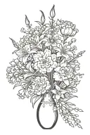 Bouquet of carnations, daffodil,daisy,lilly of the valley, water lilly, gladiolus,cosmos in a vase tattoo design idea