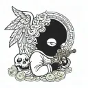 baby angel wearing skimask with AK-47 blowing cloud of smoke from bong with money stacks around him  tattoo design idea