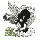 baby angel wearing skimask with AK-47 blowing cloud of smoke from bong with money stacks around him  tattoo design idea