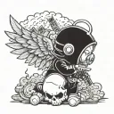 baby angel wearing skimask with AK-47 blowing cloud of smoke from bong with money stacks around him  tattoo design idea