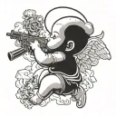 baby angel wearing skimask with AK-47 blowing cloud of smoke from bong with money stacks around him  tattoo design idea