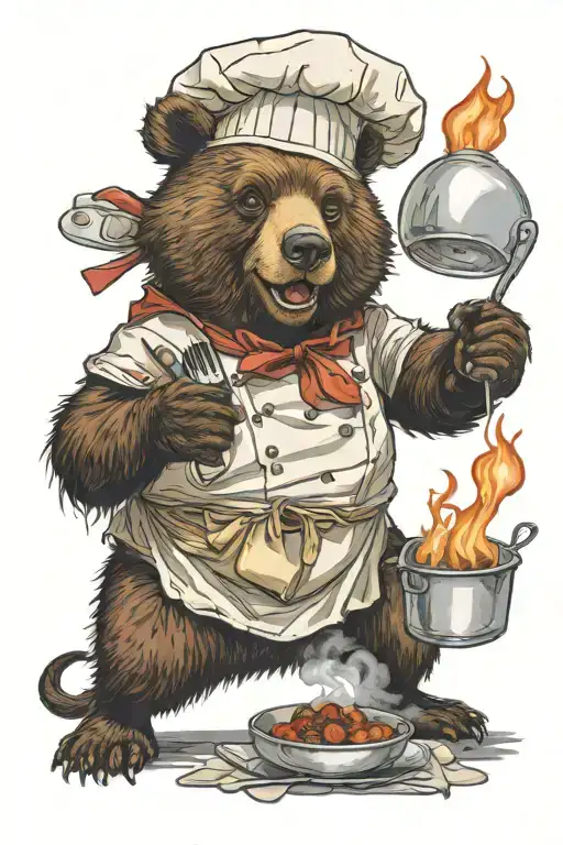 A sarcastic cheeky bear who is a chef flambe tattoo design idea