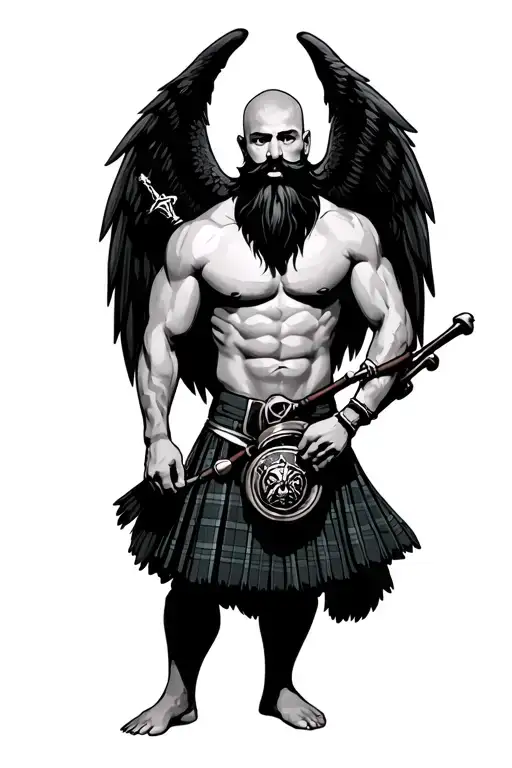 bagpipes in left arm bald shirtless muscular bagpiper black beard with two huge black wings  tattoo design idea