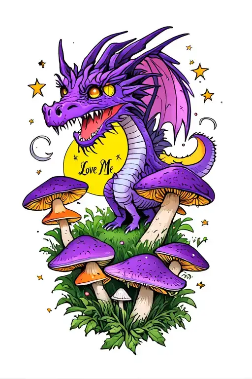 in witches alphabet the words ' Love Me' on my inner wrist,and just above ,some mushrooms, a purple winged Dragon ,moons tattoo design idea