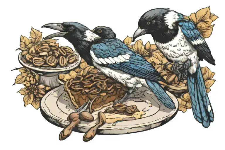black-billed magpie eating a slice of pecan pie slice tattoo design idea