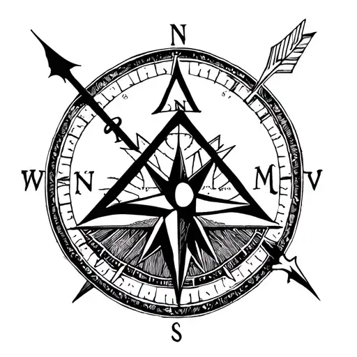 compass tattoo with a small "M" letter in the middle of compass, and one long arrow, plus Pyramid. tattoo design idea