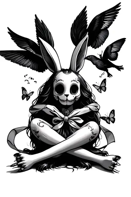 VOODOO DOLL mending itself with a ribbon tied to a rabbit's foot being circled by 3 phoenixes and butterflies  tattoo design idea