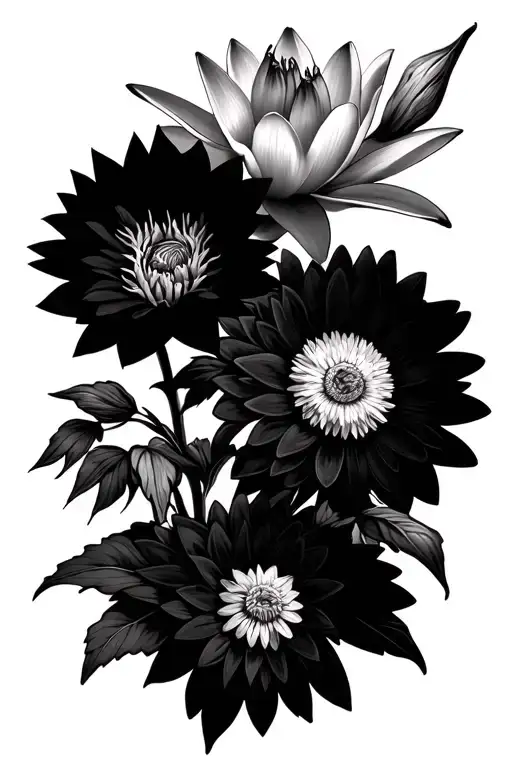 4 flowers, larkspur (delphinium), water lily, chrysanthemum, and narcissus tattoo design idea