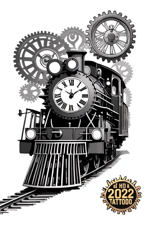A streamtrain with a grandfather clock in the background with gears. also want seperate roman numerals of the year 2022 tattoo design idea