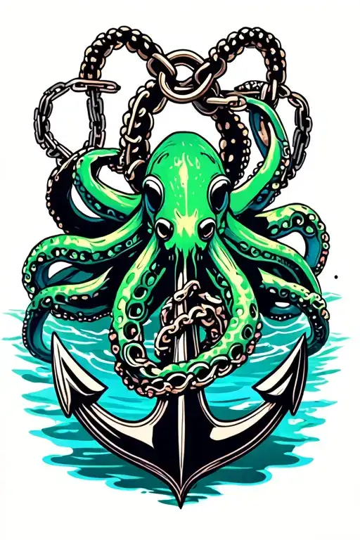black and green octopus wrapped around anchor in water with broken chain tattoo design idea