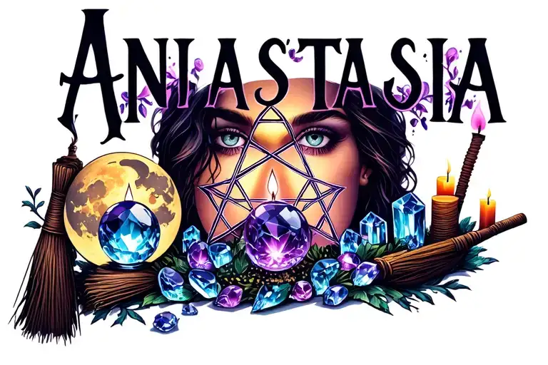 The name Anastasia but I want it to look witchy with crystals and a crystal ball, candles, broom, wand, pentagram, moon tattoo design idea