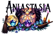 The name Anastasia but I want it to look witchy with crystals and a crystal ball, candles, broom, wand, pentagram, moon tattoo design idea