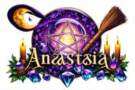 The name Anastasia but I want it to look witchy with crystals and a crystal ball, candles, broom, wand, pentagram, moon tattoo design idea