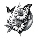 Half moon with margueritte and work flowers with a butterfly tattoo design idea