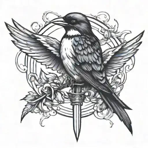 swallow holding a trident being held tattoo design idea