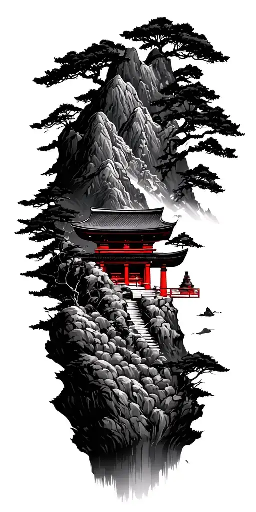 japanese shrine mountains tattoo design idea