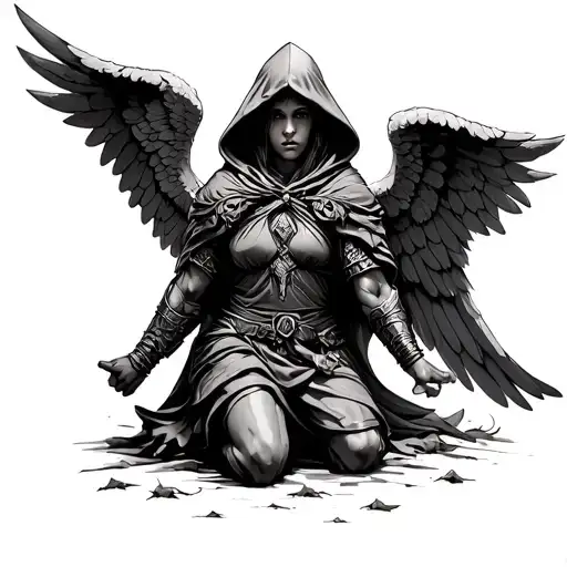 hooded angel warrior with wings landing on ground with one knee on the ground  tattoo design idea