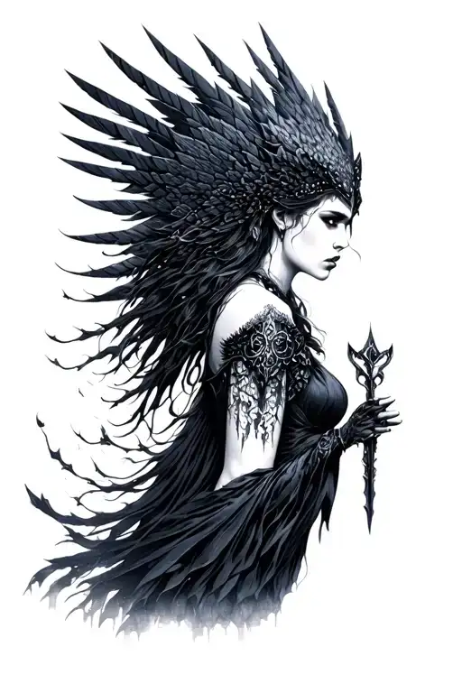 A dark Valkyrie with Gothic details such as arches and stained glass windows that convey a sense of mystery tattoo design idea