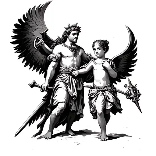 saint florian protecting two kids, one boy and one girl tattoo design idea