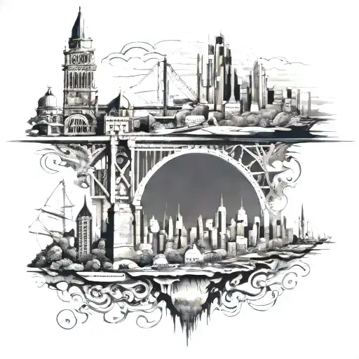 very detailed world, Istanbul on the top half (Bosporus bridge etc.), and Utrecht on the bottom half (Domtoren etc.) tattoo design idea