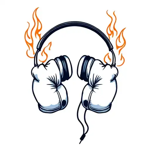 A pair of boxing gloves, flames, a claw mark, and headphones tattoo design idea