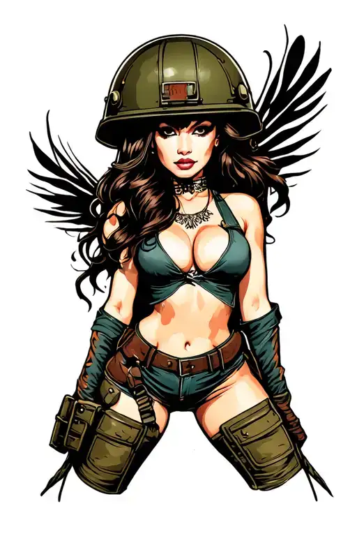 Sexy pin up girl, side profile, full body view, standing, petite, large boobs, Army helmet tattoo design idea