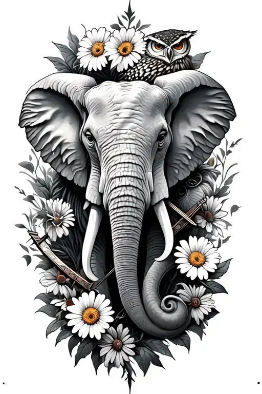 tattoo that creatively incorporates an elephant, owl, moray eels, daisies, and a crossbow tattoo design idea
