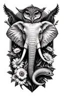 tattoo that creatively incorporates an elephant, owl, moray eels, daisies, and a crossbow tattoo design idea