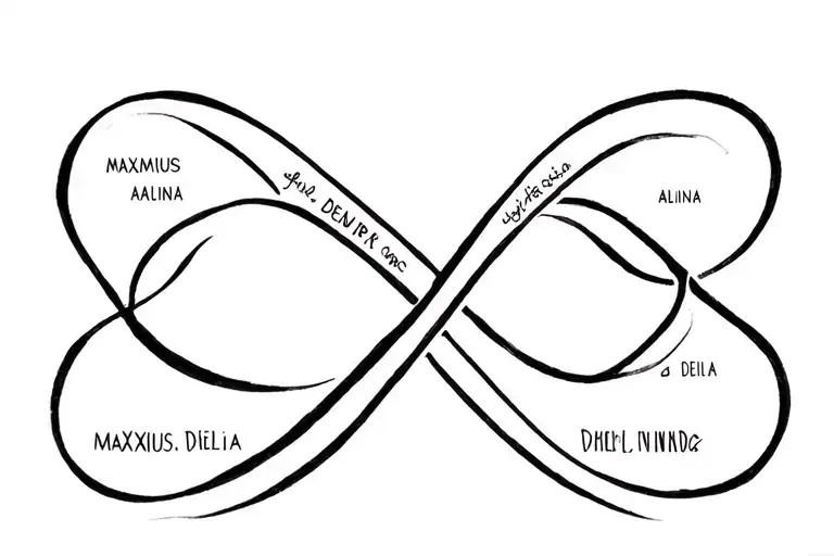 infinity sign incorporated and have names written on sides Alina, Maximus, Denisa,Delia tattoo design idea