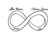 infinity sign incorporated and have names written on sides Alina, Maximus, Denisa,Delia tattoo design idea