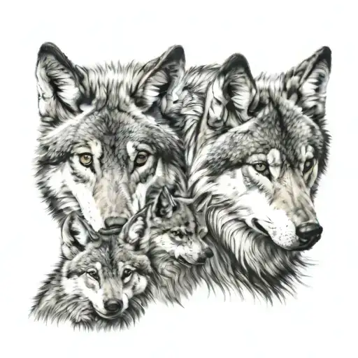 mom wolf and 2 cubs face only tattoo design idea
