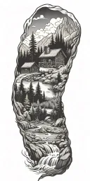 A detailed log cabin nestled in the mountains surrounded by pine trees and a flowing river tattoo design idea