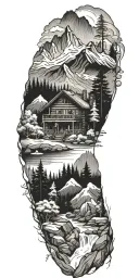 A detailed log cabin nestled in the mountains surrounded by pine trees and a flowing river tattoo design idea