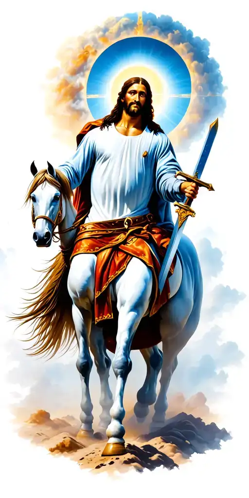 jesus returning to earth to conquer everything as a warrior with a sword and a white horse tattoo design idea