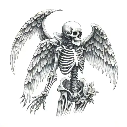 skeleton with angel wings spread tattoo design idea