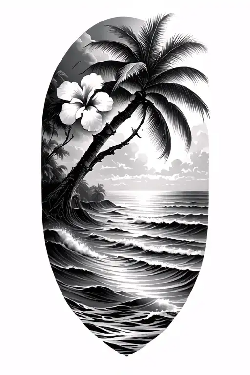 waves on a beach with a banyan tree and hibiscus flower tattoo design idea