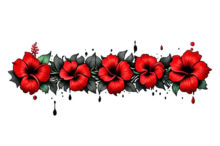Floral Vertical Armband Tattoo With Hibiscus Flowers with only SOME being colored red. make the black melt downward tattoo design idea