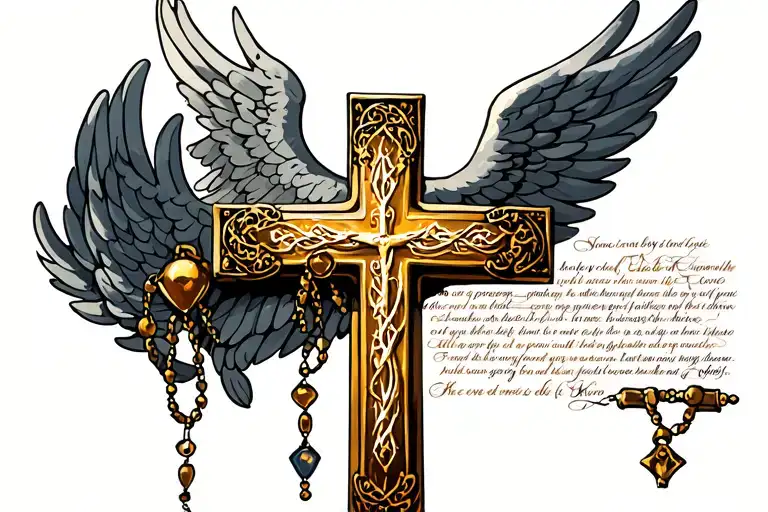 gold cross, with scripture and angel wings and rosary beads tattoo design idea