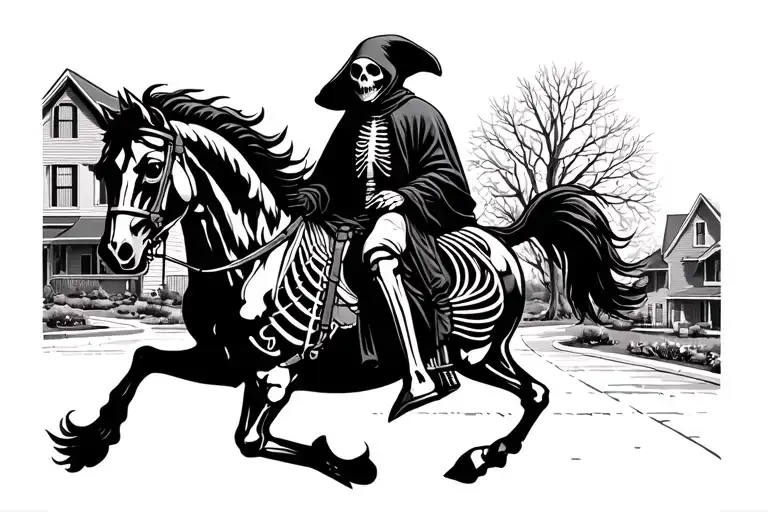cloaked grim reaper, riding horse skeleton, suburban neighborhood landscape tattoo design idea