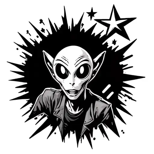 a mixture of pearl jam stick man, raidiohead alien, shihad lightning bolt, nirvana smiley face, smashing pumpkins star tattoo design idea