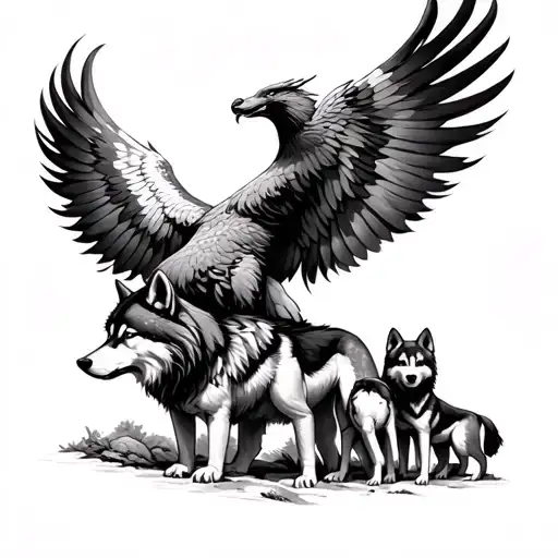 "A majestic phoenix soaring above a protective wolf with three wolf pups, symbolizing rebirth, strength, and family bond tattoo design idea