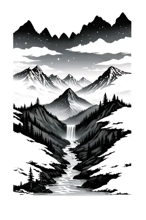 mountain range with winding trail and waterfall surrounded by lush greenery tattoo design idea