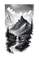 mountain range with winding trail and waterfall surrounded by lush greenery tattoo design idea
