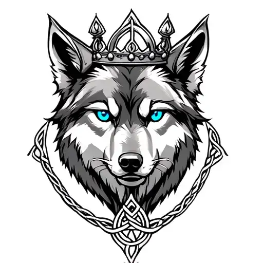 Wolf With Blue Eyes On Armor Tattoo Design Featuring Celtic Trinity Knot Tattoo, wearing a crown tattoo design idea
