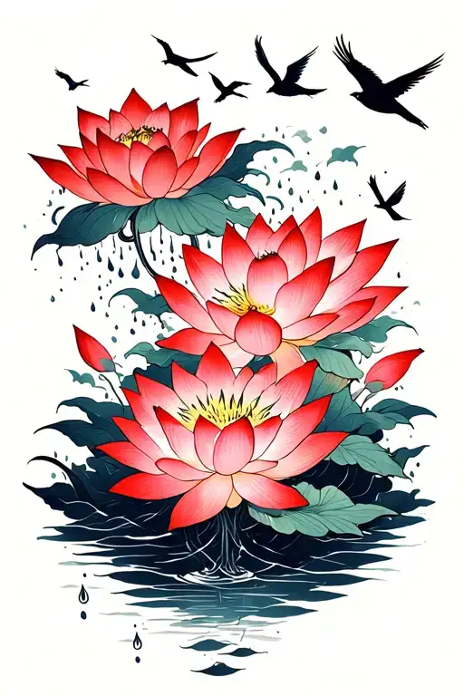 lotus flowers floating, dark clouds, red rain, and a small group of Japanese birds flying around  tattoo design idea