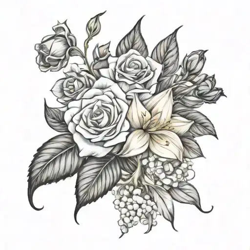 rose, larkspur, lily of the valley, daffodils & violet tattoo design idea