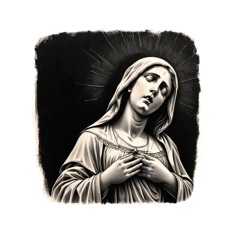 Forearm tattoo. Crying Virgin Mary in a dark but sacred and realistic black and gray style. Show deep emotion and detail tattoo design idea