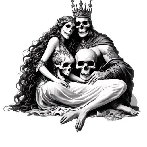 Skull king with his skull queen sitting on his lap. tattoo design idea
